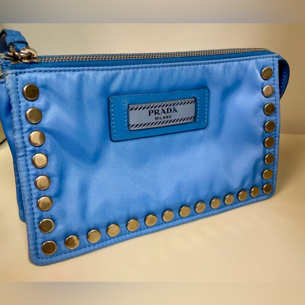 Prada - Tessuto Etiquette Nylon Accessories Pouch | Blue - Silver Studded - Picture 8 of 16